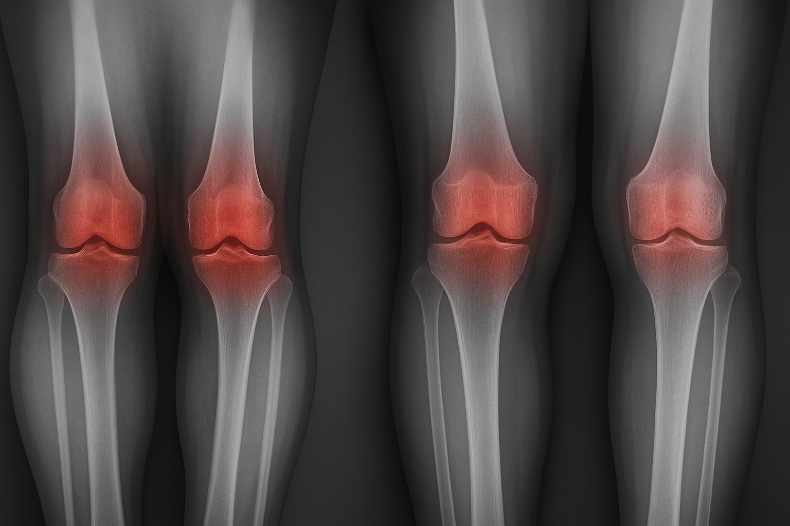 Radiografia frontale di due ginocchia: a sinistra ginocchio in varismo, a destra ginocchio in valgismo; le aree articolari del ginocchio sono evidenziate in rosso.