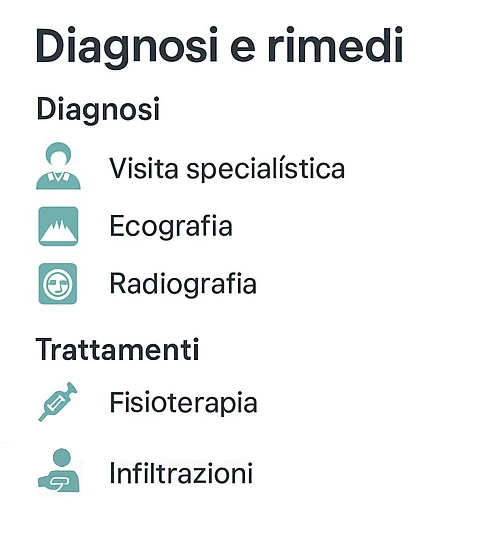 Icone di diagnosi e trattamenti per il dolore al ginocchio durante la flessione, con visita specialistica, ecografia, radiografia, fisioterapia e infiltrazioni