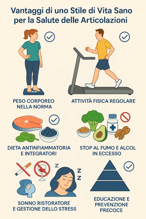 Stile di vita sano per la salute delle ossa e delle articolazioni: peso corporeo nella norma, attività fisica regolare, dieta antinfiammatoria, stop al fumo e alcol, sonno ristoratore, prevenzione precoce.