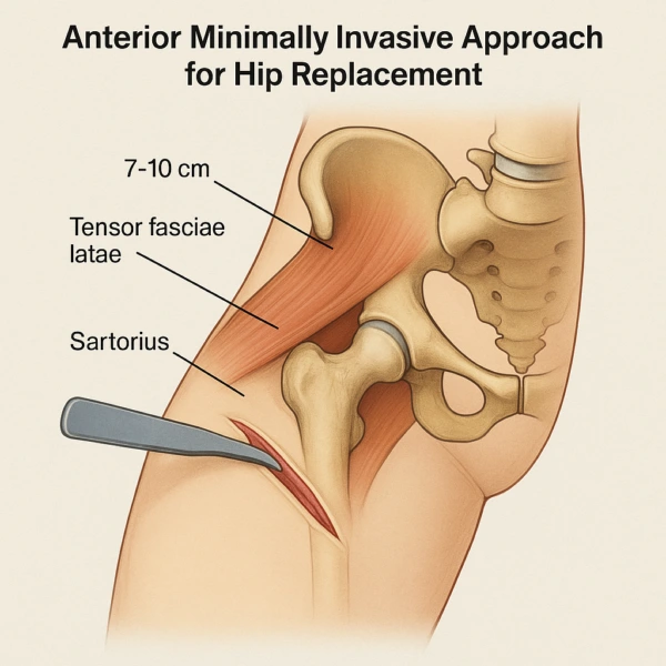 Illustrazione medica della tecnica anteriore mini-invasiva per protesi d’anca, con incisione anteriore e divaricazione muscolare.