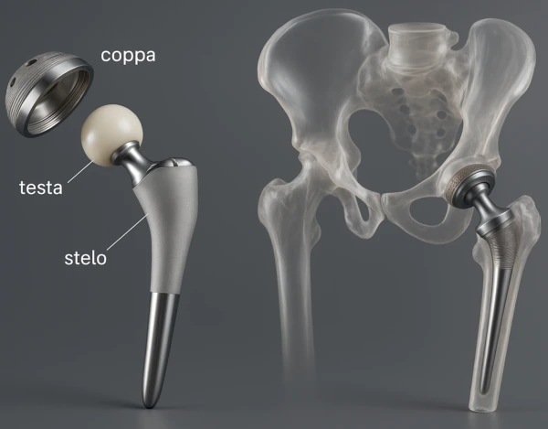 Immagine di una protesi d’anca con cupola acetabolare, testa femorale e stelo inserito nel femore e bacino trasparente.