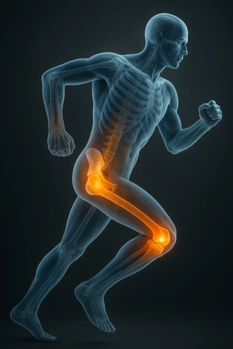 Illustrazione fotorealistica di un uomo che corre con scheletro semi-trasparente e articolazioni di anca e ginocchio evidenziate, simbolo della rigenerazione della cartilagine dopo iniezione di cellule mesenchimali.