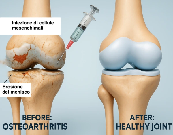 Illustrazione medica 3D di un ginocchio con osteoartrosi e trattamento rigenerativo con iniezione di cellule mesenchimali per la cartilagine di anca e ginocchio.