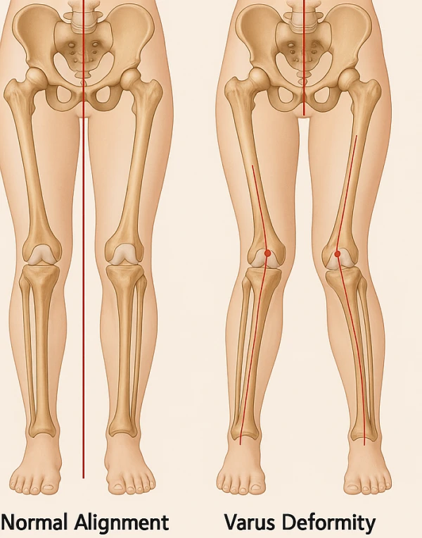 Radiografia frontale di due ginocchia: a sinistra ginocchio in varismo, a destra ginocchio in valgismo; le aree articolari del ginocchio sono evidenziate in rosso.