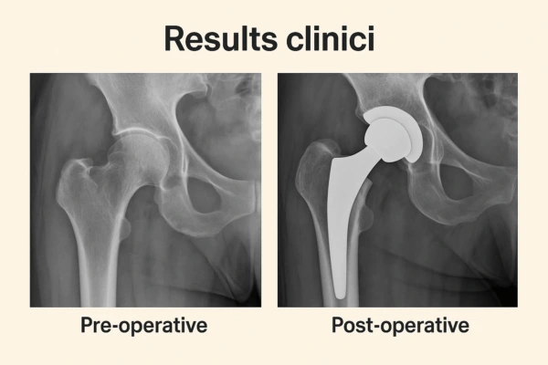 Radiografia comparativa dell’anca prima dell’intervento e dopo impianto di protesi totale.
