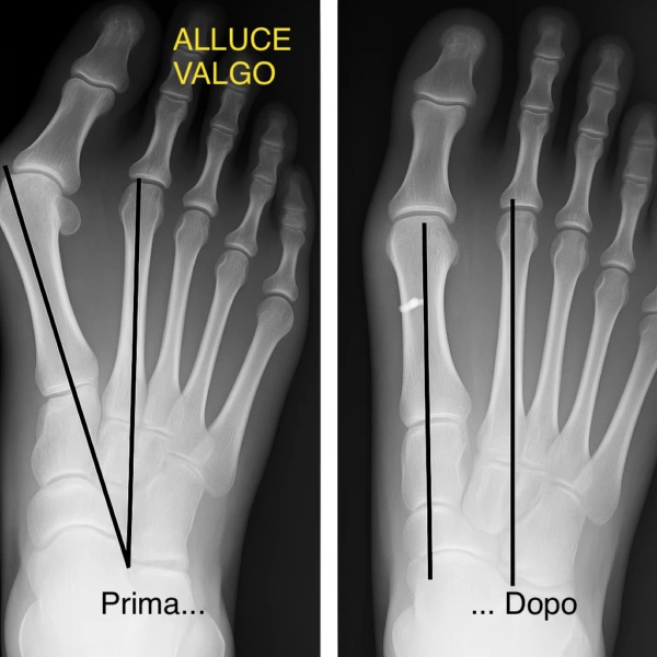 Osteotomia decompressiva alluce rigido: radiografia del primo raggio con rigidità dell’articolazione metatarso-falangea e correzione che riduce la pressione e migliora la mobilità.