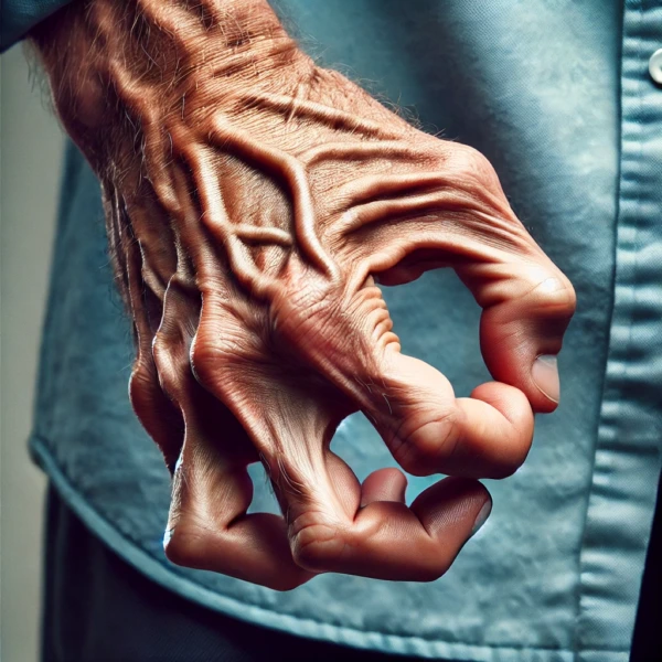 Spasticità della mano con dita in flessione: immagine clinica a supporto dei trattamenti di chirurgia della spasticità della mano.