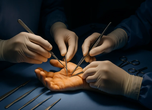 Neurolisi endoscopica del nervo mediano al carpo durante intervento mini-invasivo: mano su teli sterili, incisione di circa 1 cm, strumenti chirurgici in primo piano per il trattamento della sindrome del tunnel carpale.