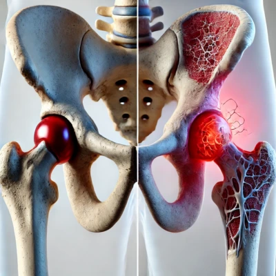 Protesi d’anca: illustrazione dell’articolazione coxo-femorale con artrosi e sostituzione protesica per alleviare dolore e ripristinare la funzionalità.