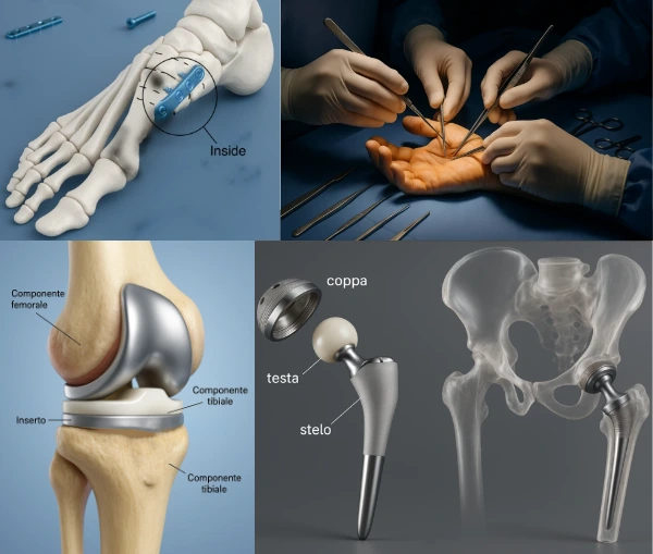 Illustrazione e foto di chirurgia ortopedica: neurolisi della mano, osteotomia del piede con placca e viti, protesi totale di ginocchio e componenti della protesi d’anca.