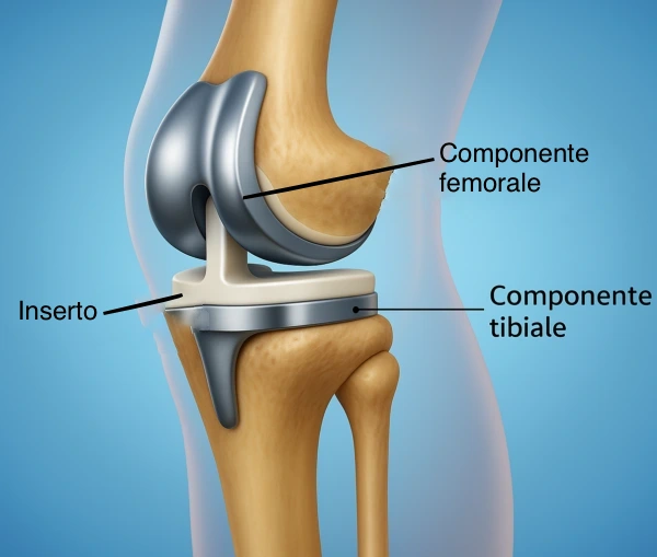 Illustrazione medica intervento di protesi ginocchio con indicazione delle componenti femorale, tibiale e dell’inserto in polietilene – Dott. Andrea Faini