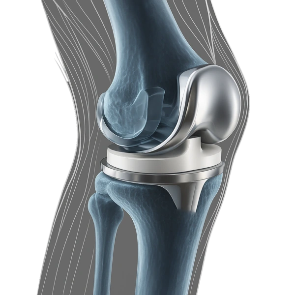 3D rendering medico della protesi totale di ginocchio con componenti femorali e tibiali, usato per spiegare la differenza tra protesi ginocchio totale vs monocompartimentale.